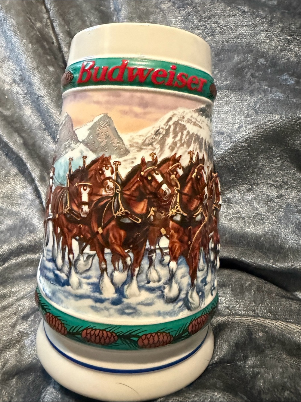 Budweiser Ceramic Stein with Brown Clydesdales and Green Accents